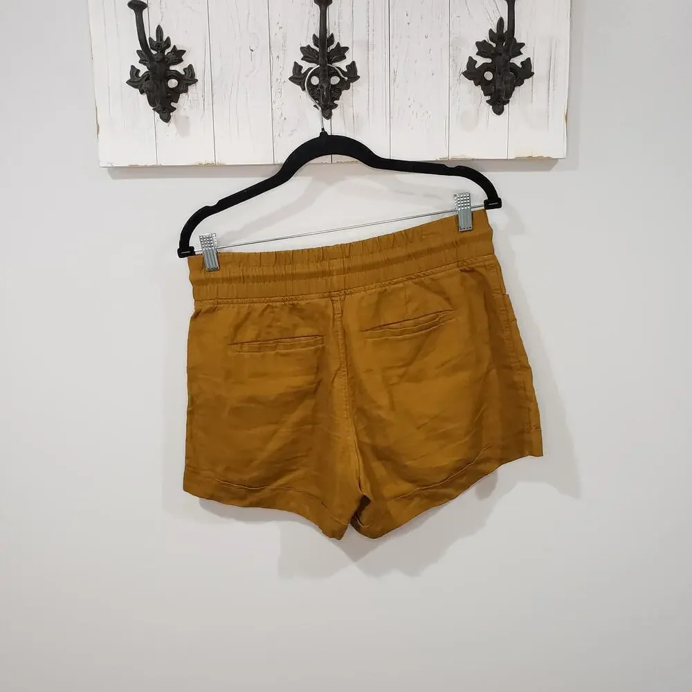 Athleta Cabo Linen Shorts Womens 6 Mustard Brown Drawstring Summer EUC